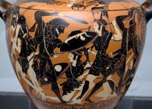 Ο Ηρακλής αντιμετωπίζει τις Αμαζόνες κατά τον ένατο άθλο του, τη Ζώνη της Ιππολύτης. Μελανόμορφη αττική υδρία του 6ου αι. π.Χ.