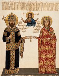 Ο Αλέξιος Γ’ Μεγάλος Κομνηνός 1349-1390 με τη σύζυγο του Θεοδώρα σε μικρογραφία του κτιτορικού χρυσόβουλλου της Μονής Διονυσίου του Αγίου Ορους