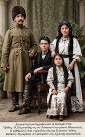 Πεπερέκ 1918 Καθιστός ο Δαμιανός πρώτος άνδρας της Σοφίας Σαχινίδου, Καθισμένη η Δέσποινα Αναστασιάδου σύζ Γρηγόρη Αναστασιάδη - Όρθιος ο σωματοφύλακας του Δαμιανού 