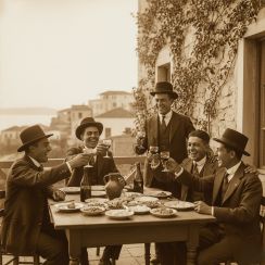 Το αλάϊ των νεαρών ανδρών χαίρεται την όμορφη παρέα γύρω απο το τραπέζι με ένα κρασί στο χέρι