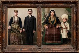 Κερασούντα περί το 1900 το ζεύγος Χαράλαμπου και Συμέλας Παπαδοπούλου γονείς του μικρού Γρηγόρη με την κοζάκικη ενδυμασία 